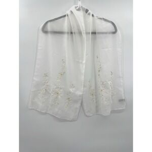 White Floral Embroidered Beaded Sheer Scarf Wrap Formal Bridal Coastal Evening